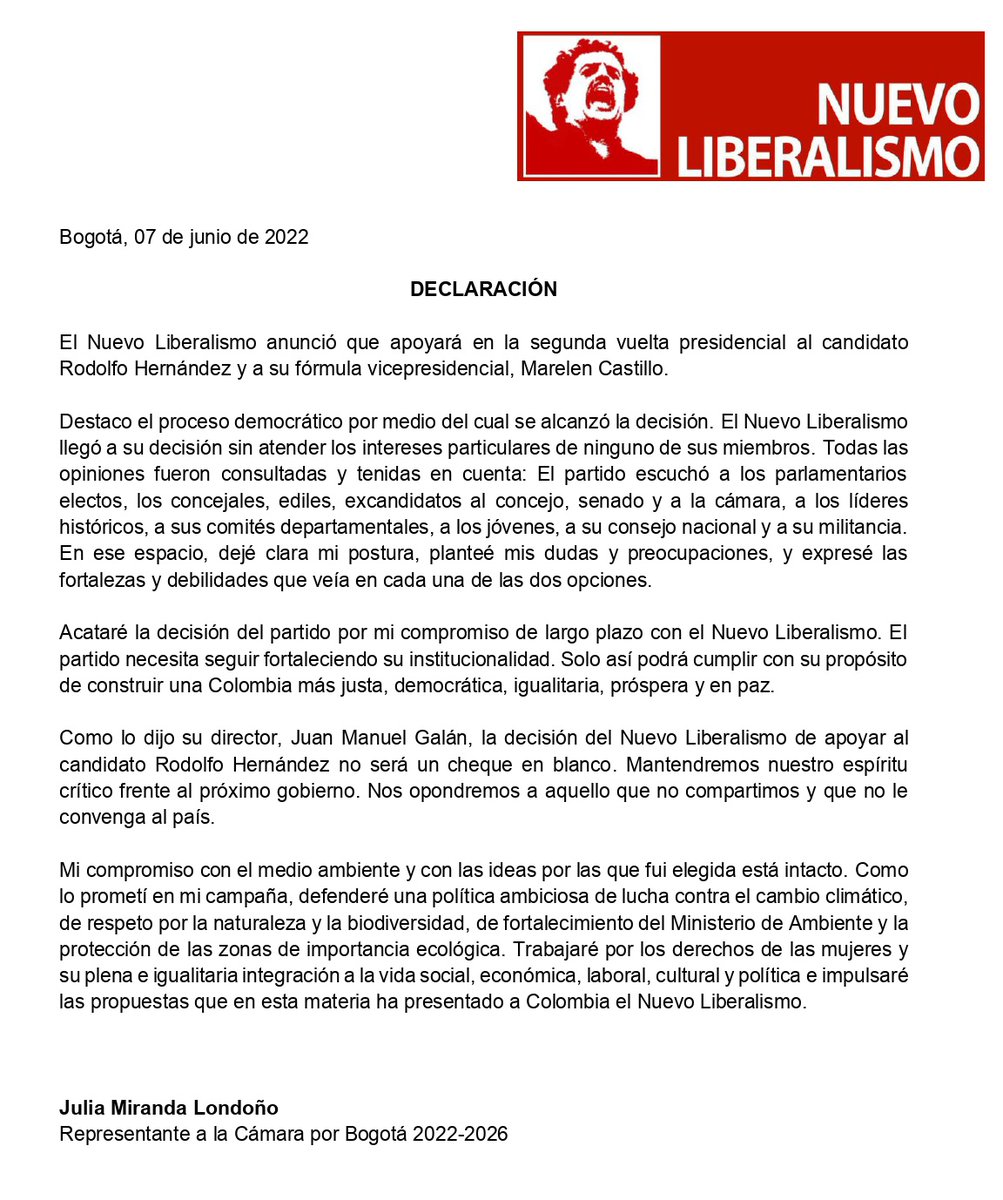 JuliaMirandaLo's tweet photo. Comparto con ustedes mi declaración frente al anuncio emitido por parte del @NvLiberalismo: https://t.co/aoimi2LVNT