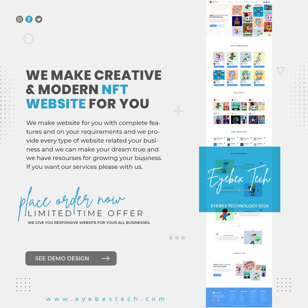 EyebexTech's tweet photo. Are you looking 
@NFT Portfolio Website....???

We Make for You...!! Order Now..!!!

See Demo Design :- https://t.co/ChI163tE2e

#nft #nftwebdesign #nftwebsites #NFTCommumity #NFTMarketplace #NFTProjects #nftcollectors #NFTsales #NFTGiveaways #NFTmarket #Website #Webdesign https://t.co/8NupL49ec9