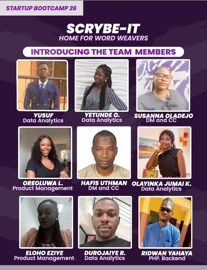 ZionDoz's tweet photo. With great pleasure, I unveil Our (SideHustle Bootcamp startup-26) project Title and Name,after several brainstorming and alot of processes,we finally arrived at something beautiful.
Project Title: Web based platform for freelance writers.
Web name : Scrybe-It.
@NgSidehustle https://t.co/qB7lXTjSAe