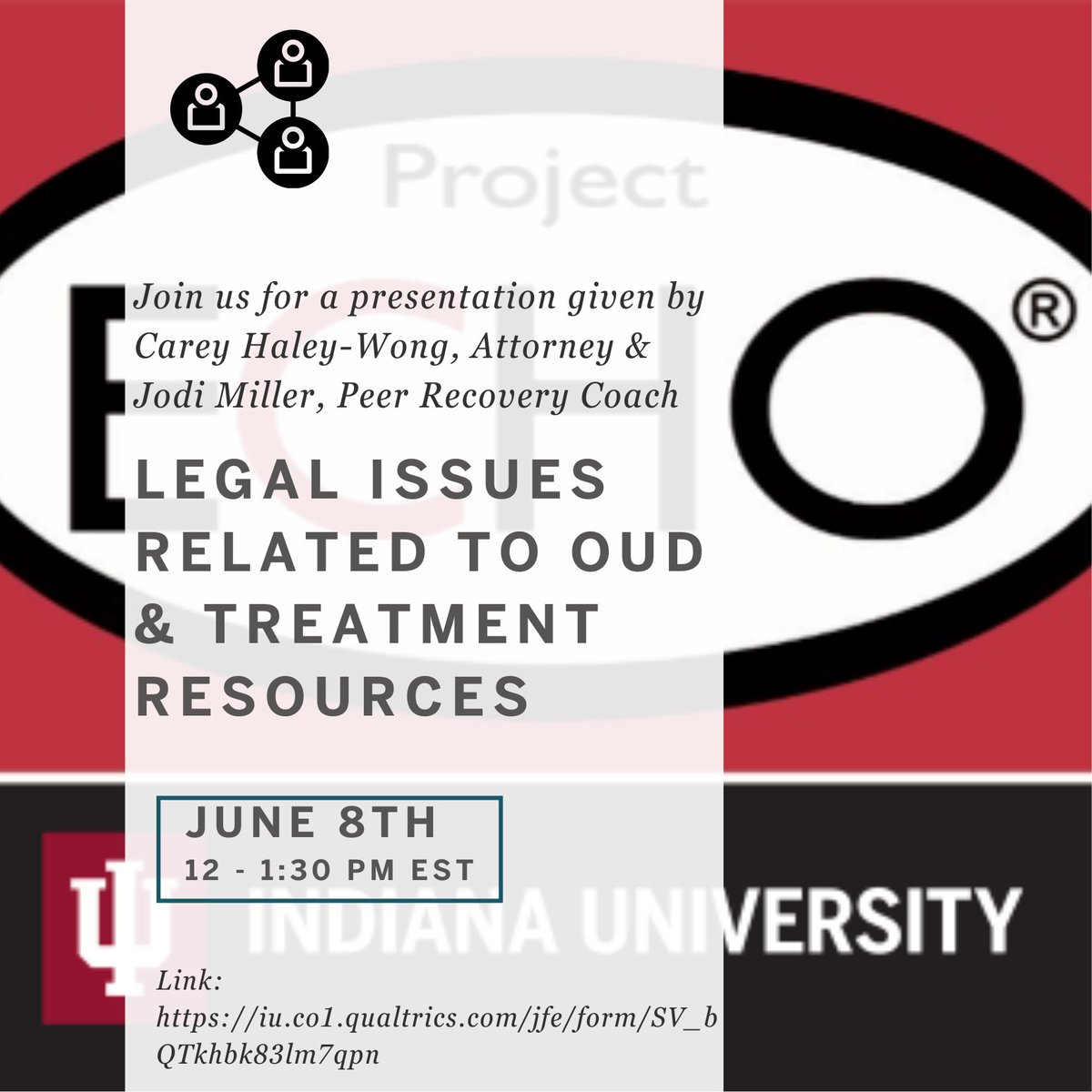 Please join us TOMORROW, June 8th from 12-1:30 PM ET for our next topic in our prescriber series, Legal Issues Related to OUD &amp; Treatment Resources.

Registration: iu.co1.qualtrics.com/jfe/form/SV_bQ…