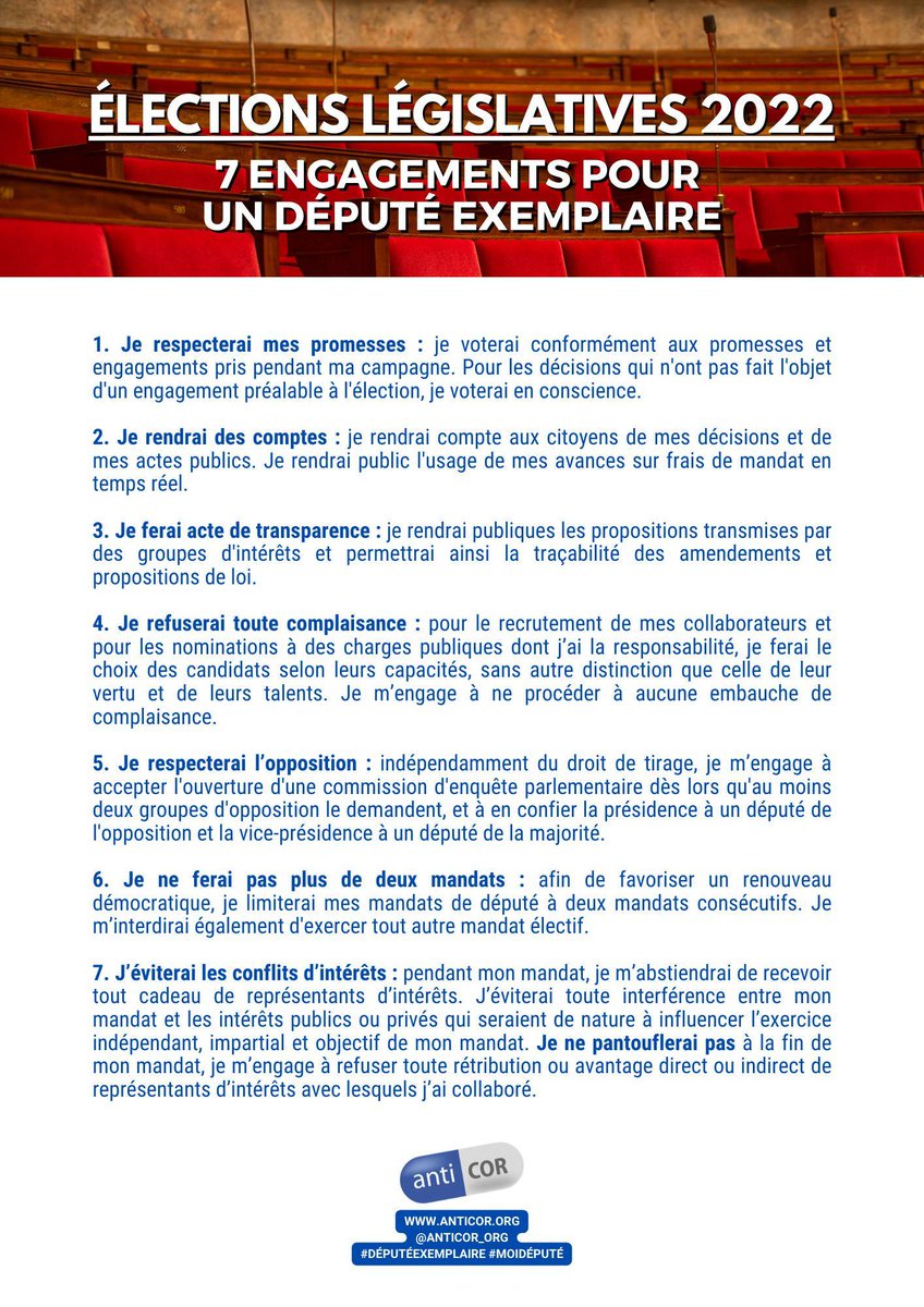 #DéputéExemplaire
#circo9207 Rueil, Garches, St Cloud
Sans hésiter je signe les 7 engagements @anticor_org et serai à l'écoute des citoyens, OnG, acteurs eco et institutions... et force de propositions pour une société transparente où la loi et l'ethique priment!