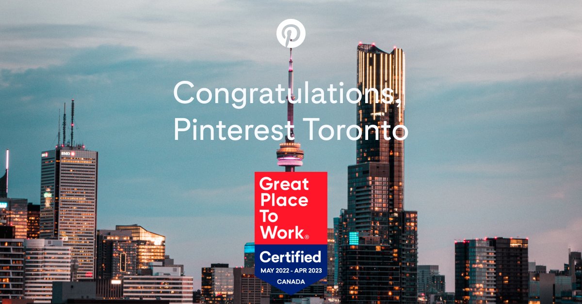 PinterestEng's tweet photo. A great place to work, but we already knew that. Congrats to Pinterest Toronto for renewing their @GPTW_Canada certification for 2022-2023. Explore open roles: https://t.co/2b73AcDOjC https://t.co/4REIsDuFGp