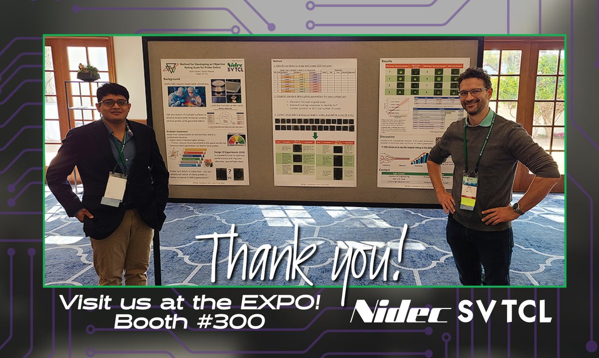 nidecsvprobe's tweet image. We would like to thank everyone that attended the #SWTest poster session yesterday to learn more about our Probe Debris Rating Scale! Also, just a reminder that the last hours of the Expo start now! Stop by our booth while you still can!

#SWTest2022 #probecards