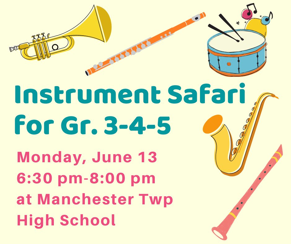 Students in grades 3-4-5 are invited to try out band instruments and learn about school band opportunities at the Instrument Safari on June 13. Details here: ow.ly/JG7P50JrvlI