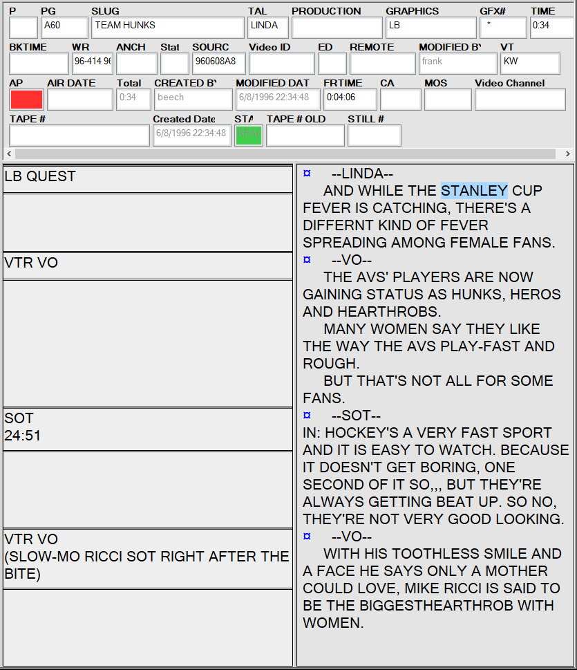 LA_Phillips's tweet photo. TEAM HUNKS. Found this gem of a script from the @Avalanche 1996 Stanley Cup run. Pretty sure @kerryoc_tv is writing a similar script for @KellyCBS4 tonight 😉 https://t.co/tt7JbRDKpN