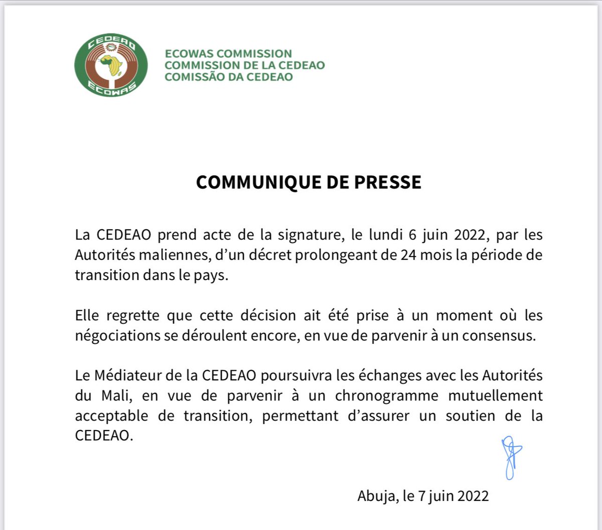#Mali-CEDEAO/ Réaction de la Cédeao après la décision de Bamako de fixer à 24 mois la durée de la transition -