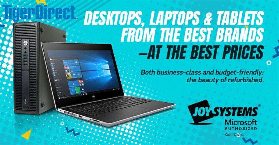 Joysystems's tweet photo. For almost 20 years, Joy Systems has partnered with @TigerDirect to bring quality refurbished PCs to millions of people around the world. Take a look at some of our exclusive offers https://t.co/1FVjDGJkjg #JoySystems #TigerDirect #Refurbished #PCs #desktops #laptops #pcdeals https://t.co/jSmn1uas9K