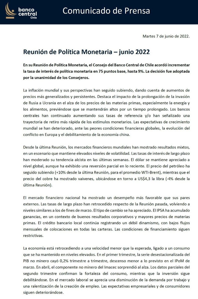 AldoLema_cl's tweet photo. En su reunión de junio el Banco Central de Chile subió la Tasa de Política Monetaria (TPM) en 75 puntos básicos, acorde a las expectativas, desde 8,25% a 9%, y planteó que ajustes adicionales serán necesarios, pero de menor magnitud. https://t.co/zgzaHq3TYW