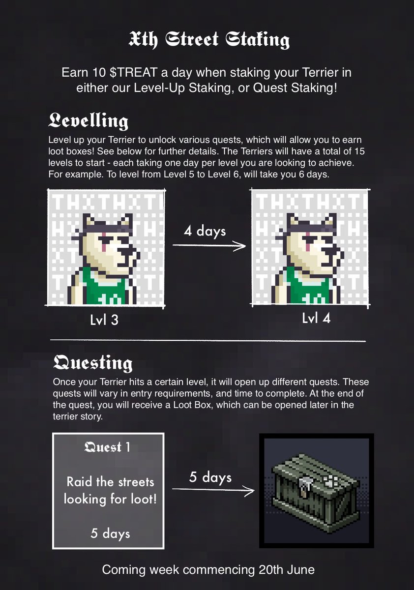 XthStTerriers's tweet photo. Here is an insight into the customised staking we are building. 

Level up your terrier and send him on quests to earn loot boxes! All whilst earning 10 TREAT per day.

WHOS FUCKING RUFFISH? https://t.co/Qg5UTpOH0q