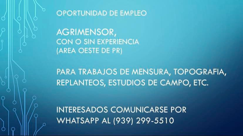 VS_Surveying's tweet photo. *OPORTUNIDAD DE EMPLEO*

AGRIMENSOR

vseda.psc@gmail.com
vs@vseda.com 
Whatsapp (939) 299-5510 https://t.co/yXIpkMyq6P