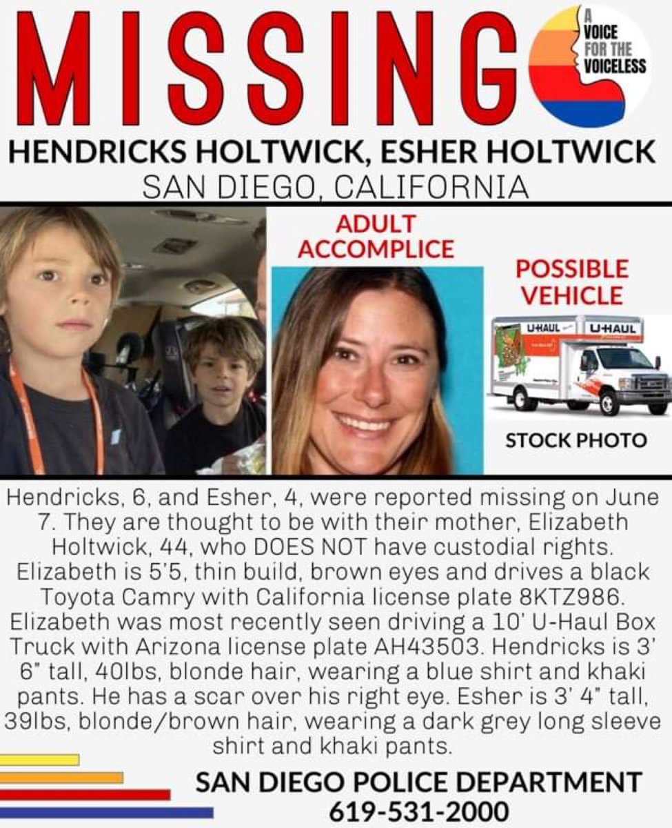 AwarenessTCS's tweet image. #MissingCHILDREN
‼️PLEASE #SHAREtoHELP‼️
#SanDiego #California 
#HendricksHoltwick age 6
&amp;amp; #EsherHoltwick age 4 were reported missing 6/7/2022. 
They may be with their mother #ElizabethHoltwick age 44 who DOES NOT have custodial rights. 
1/3