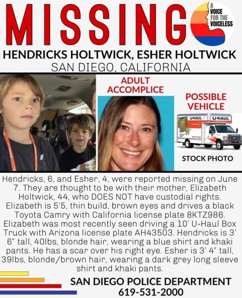 #MissingCHILDREN
‼️PLEASE #SHAREtoHELP‼️
#SanDiego #California 
#HendricksHoltwick age 6
& #EsherHoltwick age 4 were reported missing 6/7/2022. 
They may be with their mother #ElizabethHoltwick age 44 who DOES NOT have custodial rights. 
1/3