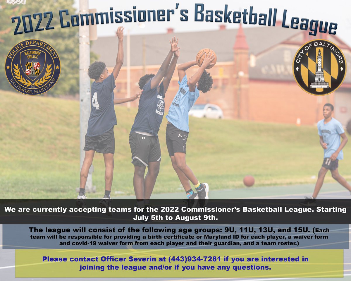 BaltimorePolice's tweet photo. The BPD is looking for youth who are interested in playing in the Police Commissioner’s Basketball League https://t.co/DaTXhTHy9v https://t.co/MbRzTIwC97