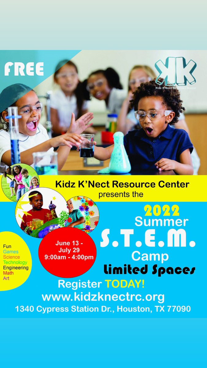 kidzknectrc's tweet photo. If you have children in 1st - 8th grade and you’re in the Houston area, go ahead and register them for this FREE summer program! https://t.co/UTnztf6BKA