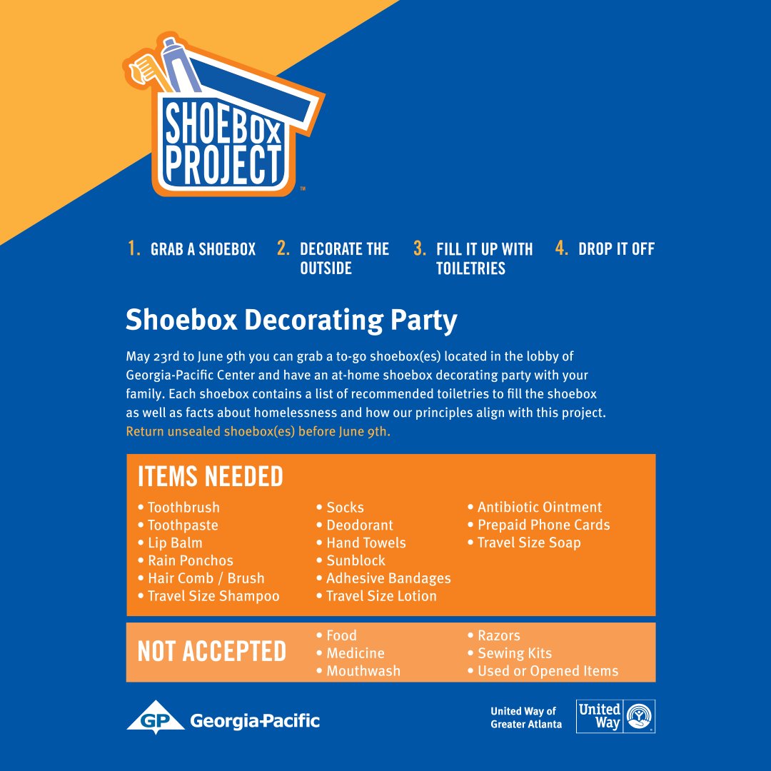 Only a few days left of the <a href="/georgiapacific/">Georgia-Pacific</a> and @unitedwayatlanta Shoebox Project! 👟 Until June 9th, tenants are encouraged to grab a shoebox, decorate the outside, fill the inside with toiletries, and return the box to our lobby!