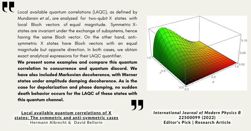 wspcphymaths's tweet photo. Editor's Pick Summer 2022, from the International Journal of Modern Physics B. Check out this article "Local available quantum correlations of X states: The symmetric and anti-symmetric cases" on quantum correlations!
#IJMPB #QuantumCorrelations #Physics