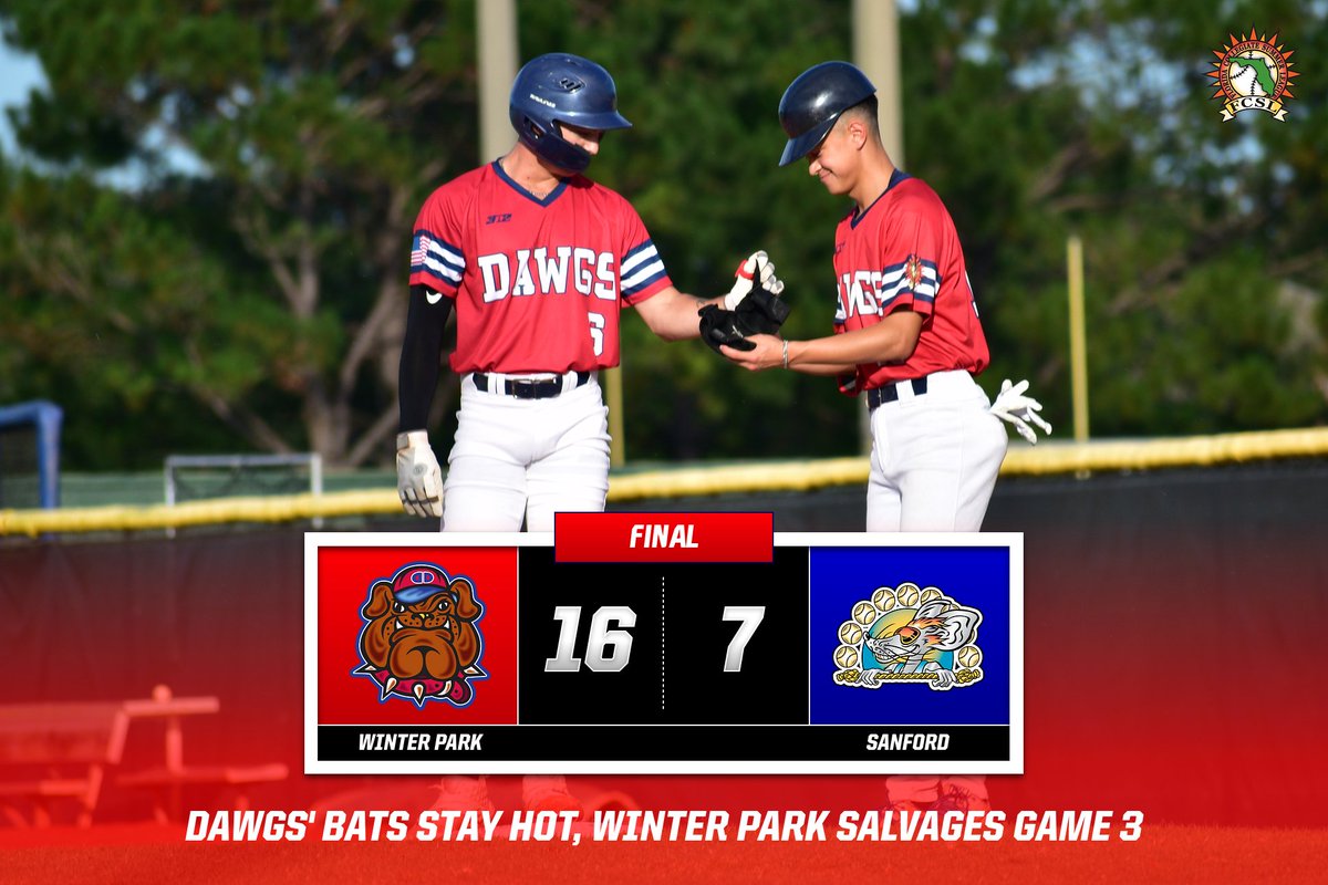 FINAL from Sanford:

The bats of the <a href="/FCSLDawgs/">Winter Park Diamond Dawgs</a> remained red-hot, as Winter Park pounded out 16 runs on 18 hits to take game three of their series with Sanford!