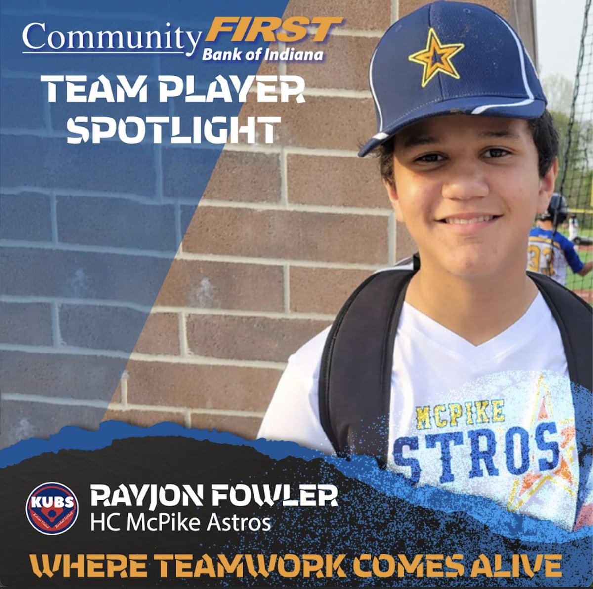 Bullpenevents's tweet photo. @CFBIndiana #TeamPlayerSpotlight alert!📢
This week we've got Rayjon Fowler from the HC McPike Astros in @kubskokomo! Rayjon is an 11-year-old slugger who deeply sees the value of baseball in his life knowing that he has made friendships in the game that he otherwise wouldn't. https://t.co/0QpaRM4P6Z