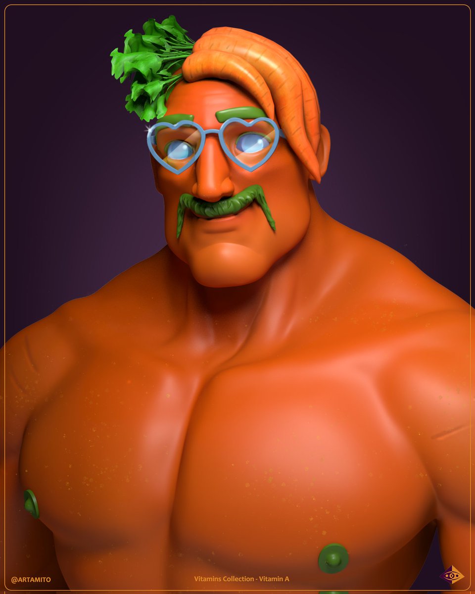 Vitamin A 🥕 another from "Vitamins", a character design collection.
See more here: 
artamito.com/artamito-portf…
.
#artamito #VitaminA #collection #3dart #3D #art #animation  #Trending #3dcharacter #3Dartist #3drender #NFTartist #carrot #characterdesign #zbrush