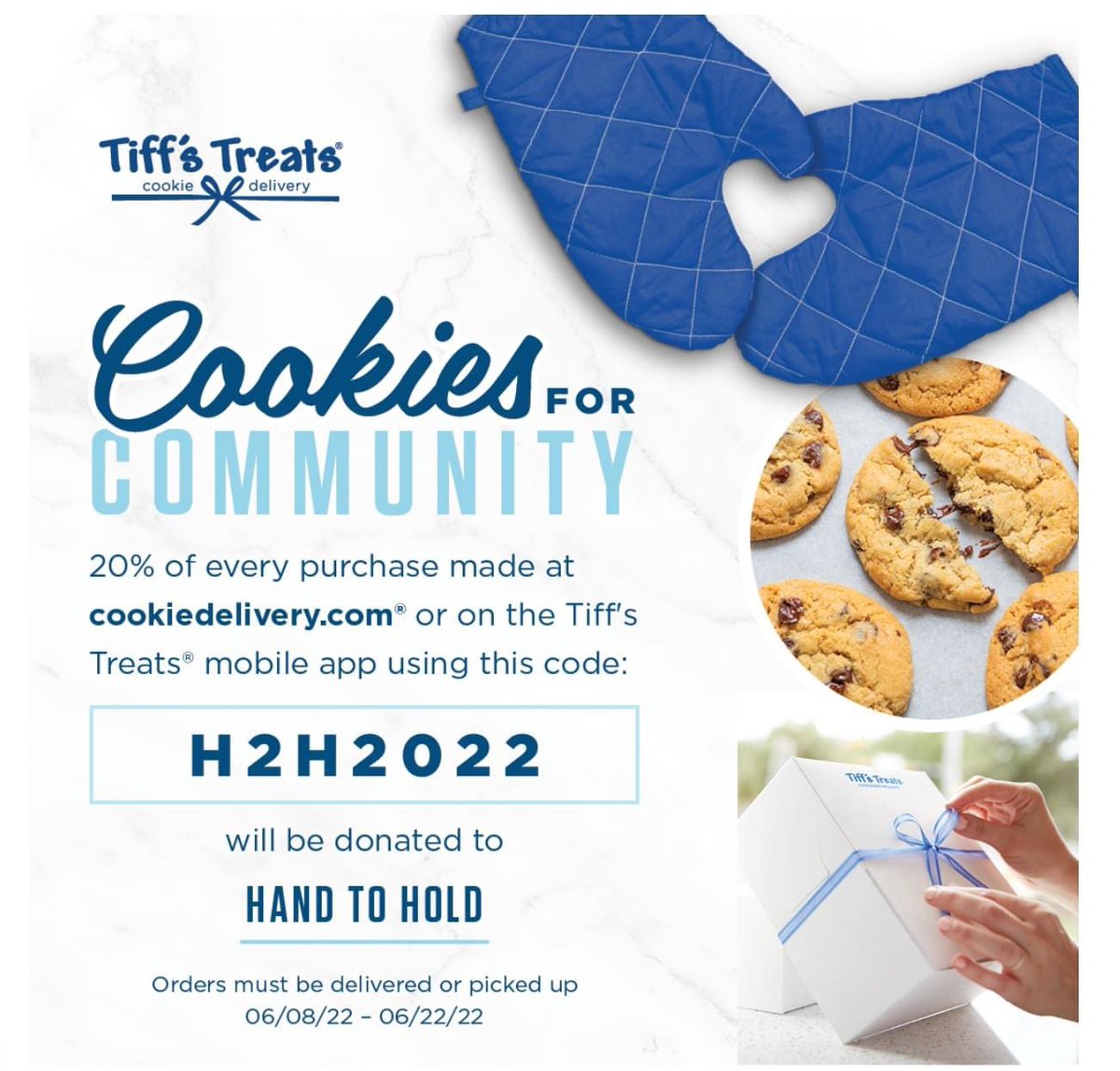 Feel good about eating cookies! Indulge yourself, family and friends! 20 percent of your purchase benefits Hand to Hold a non profit that offers support for NICU families. As a mother of a NICU baby who received this services,  I can attest to the great work they do!