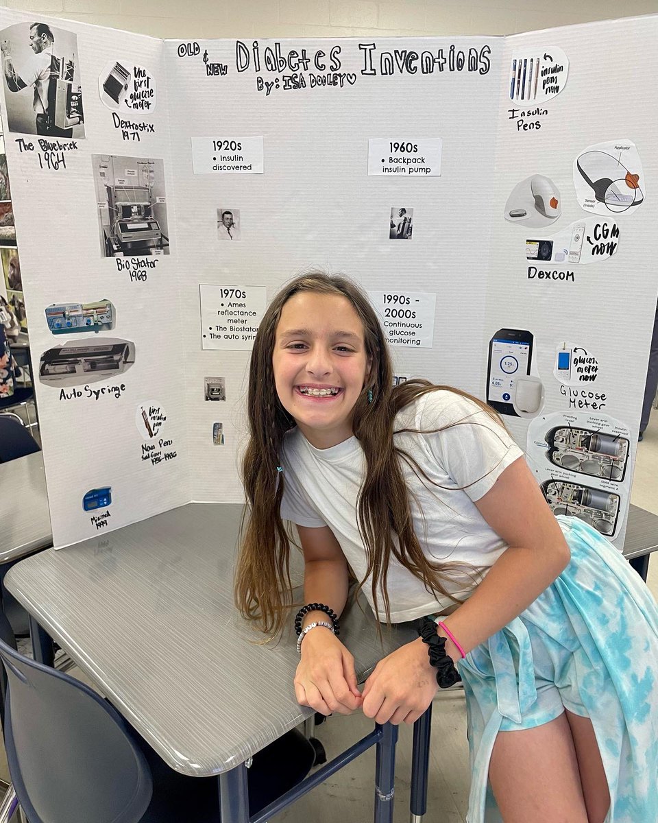 InspiredByIsa's tweet photo. End-of-year “passion project” =
The evolution of diabetes devices! SO much has changed since pumps &amp; insulin pens were invented. Isa did an awesome job sharing her research w/ parents, teachers &amp; classmates 💙 #t1d #t1dlookslikeme #dexcom #omnipod #type1 #ewpride https://t.co/bDQXpWPCdS