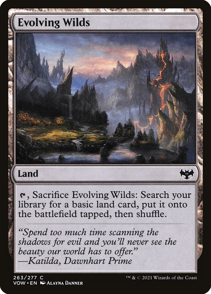 mtg_fetcher's tweet image. #EvolvingWilds
{T}, Sacrifice Evolving Wilds: Search your library for a basic land card, put it onto the battlefield tapped, then shuffle.