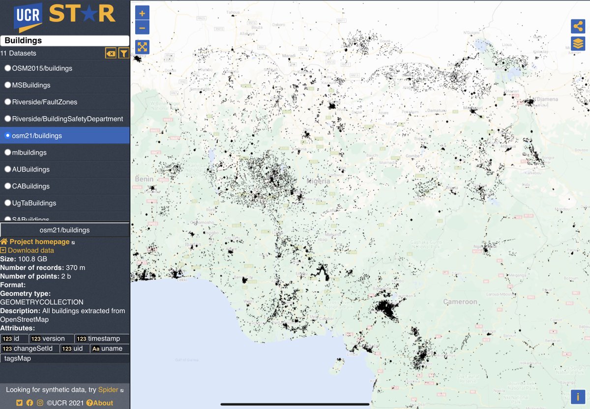ucrstar's tweet photo. @thepowerofgis @giswqs There are some buildings in the OpenStreetMap dataset. Check it out and download from UCR-Star. https://t.co/hlFhsC9dB2 https://t.co/WBbBr4XdBi