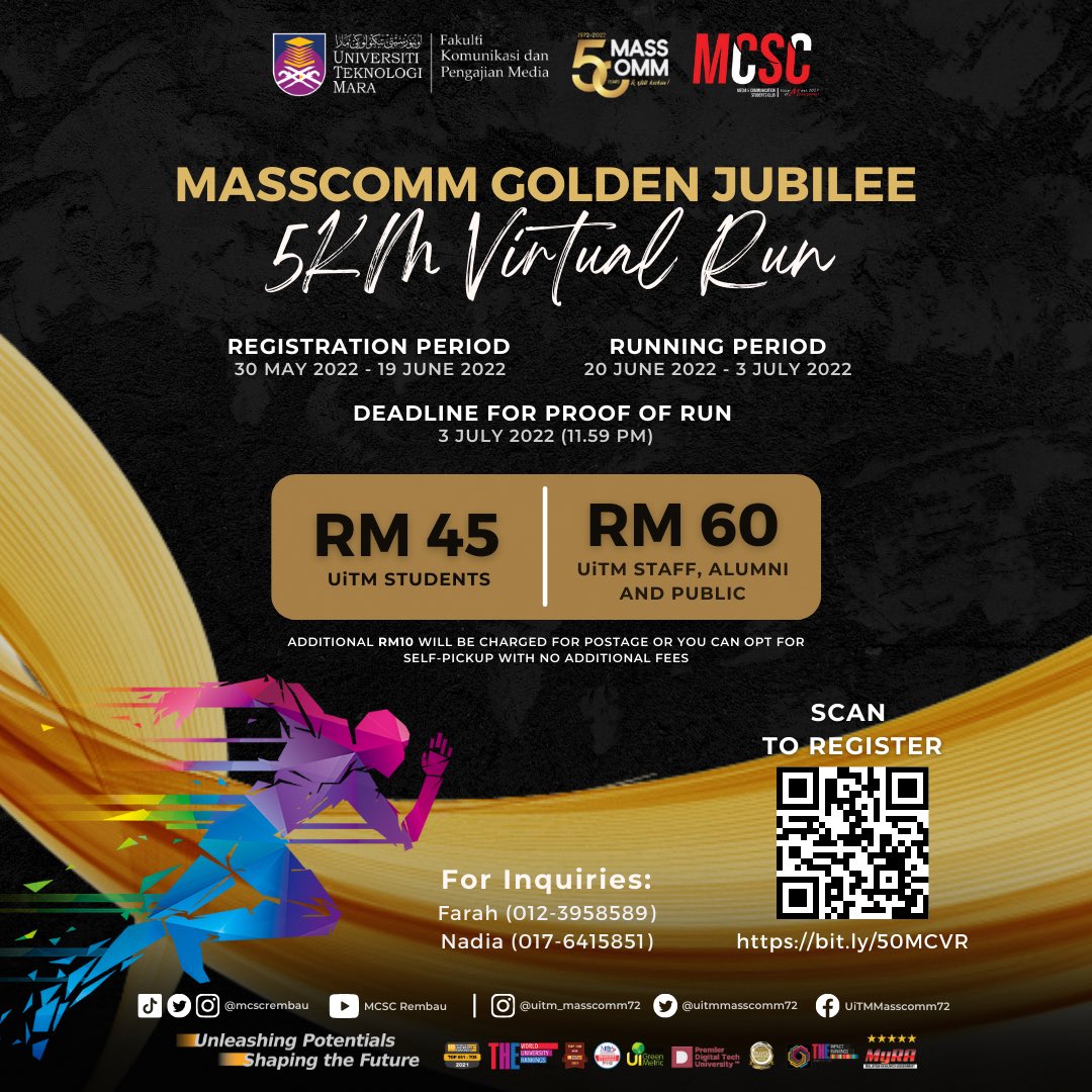 McscZtau's tweet photo. MASSCOMM GOLDEN JUBILEE 5KM VIRTUAL RUN

MassComm's 50th Anniversary is coming in 2022! 🎉

We're encouraging everyone to participate in a virtual run to commemorate MassComm's 50th anniversary, which will be hosted virtually. https://t.co/9Iyz9W9ZKv