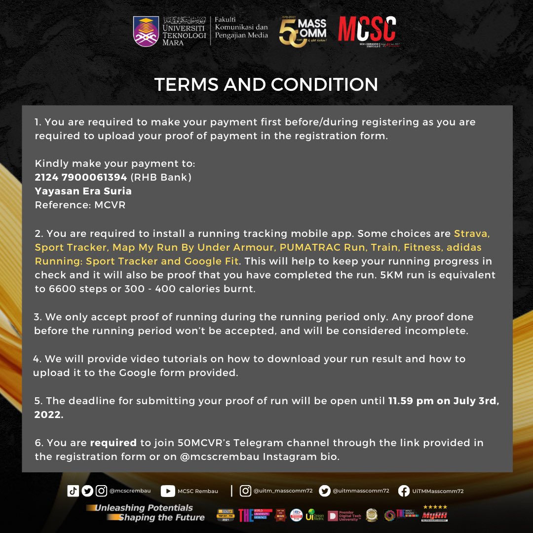 McscZtau's tweet photo. MASSCOMM GOLDEN JUBILEE 5KM VIRTUAL RUN

MassComm's 50th Anniversary is coming in 2022! 🎉

We're encouraging everyone to participate in a virtual run to commemorate MassComm's 50th anniversary, which will be hosted virtually. https://t.co/9Iyz9W9ZKv