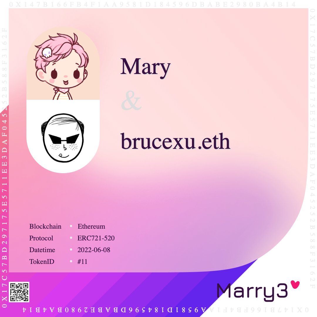 brucexu_eth's tweet photo. I just marry in web3 with my lover, and mint Paired Soubound Marry3 Certificate, https://t.co/ToC7kmOJ5c @marryinweb3 #marry3 https://t.co/9HTRTN92l6