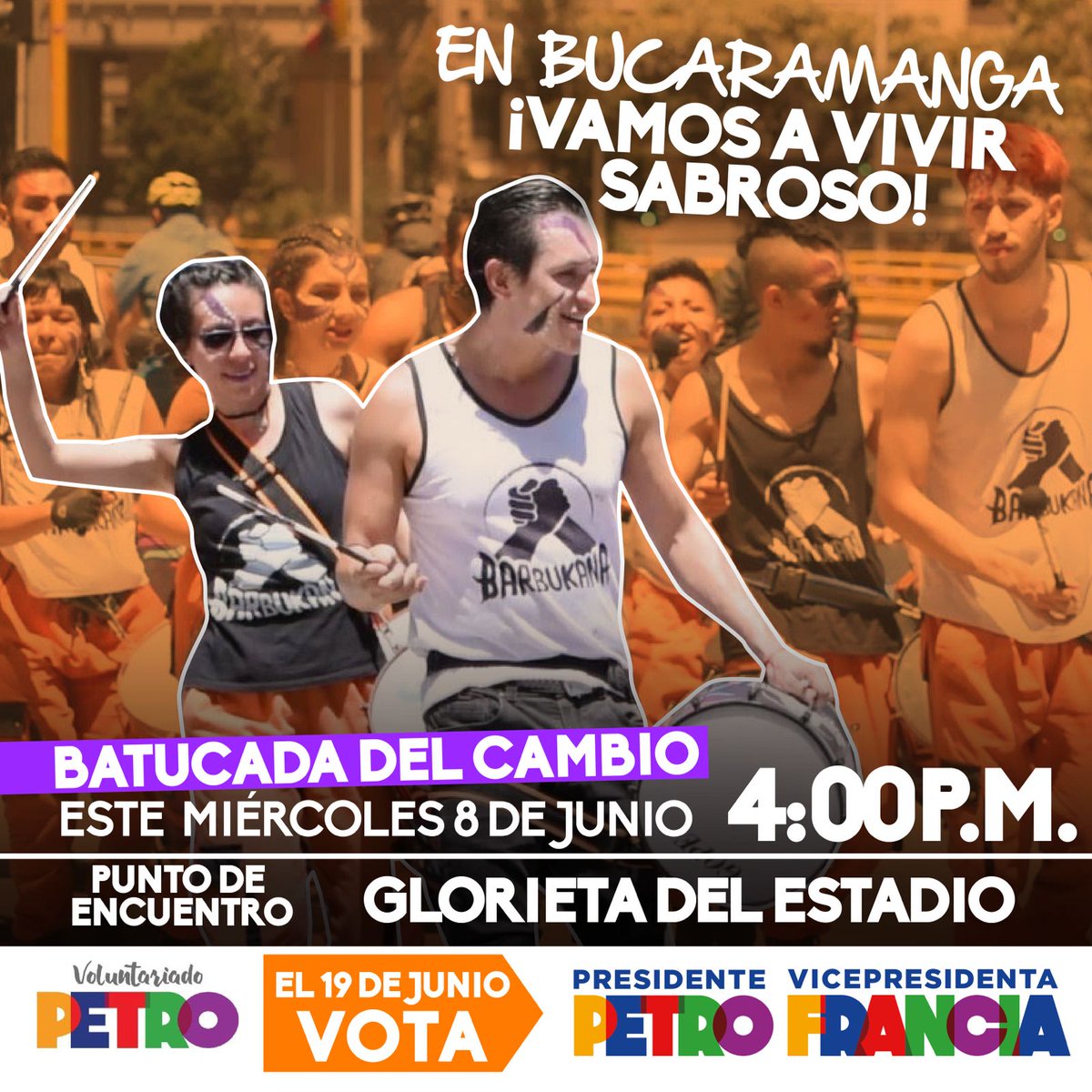 PetroVoluntad's tweet photo. 🚨ATENCIÓN🚨

Bucaramanga se prepara para la ¡Batucada por el Cambio! Acompáñanos y démosle una alegría al país🇨🇴.

🗓Miércoles 8 de Junio de 2022.
📍Glorieta del Estadio, Bucaramanga.
⏰4:00 pm. https://t.co/vYoFhYXsB0