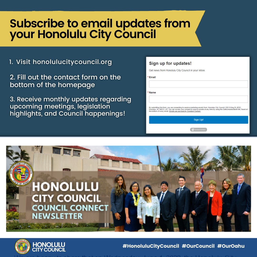 hnlcitycouncil's tweet photo. #TipTuesday 🔎 You can sign up for the Council Connect Newsletter by visiting https://t.co/CalrJqKyT6. Receive monthly updates regarding meetings, legislation highlights, and happenings here at Honolulu Hale!
#HonoluluCityCouncil #OurCouncil #OurOahu https://t.co/RfCU0ruwKq