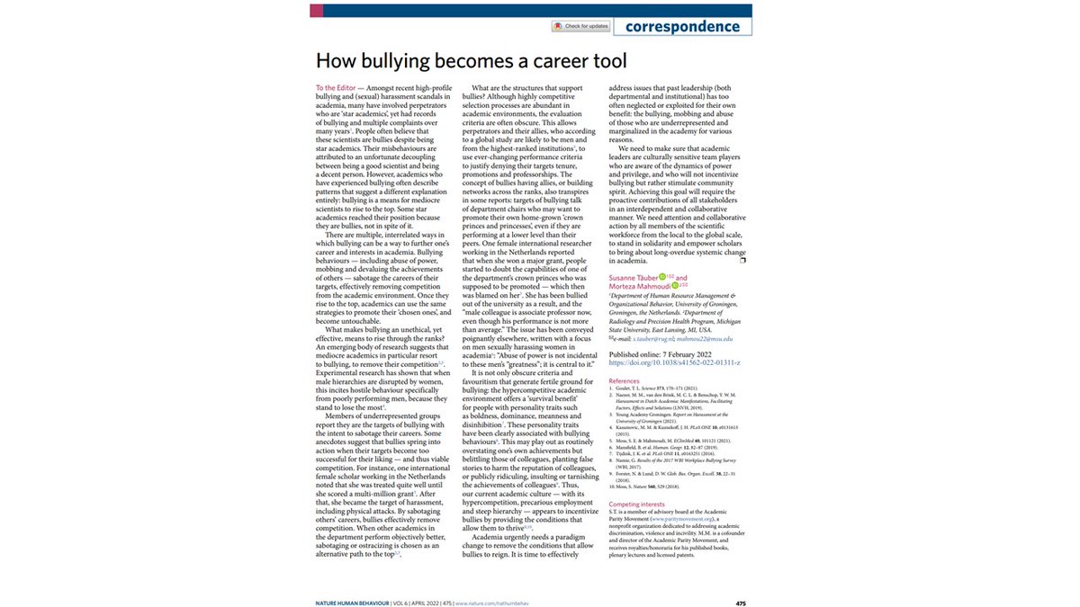 How #Bullying Becomes a Career Tool pubmed.ncbi.nlm.nih.gov/35132170/ ➡️Abuse of power ➡️Devaluing the achievements of others ➡️Sabotaging the careers of targets to remove competition ➡️Planting false stories to harm the reputation of targets #AcademicBullying #StandTogetherAgainstBullying