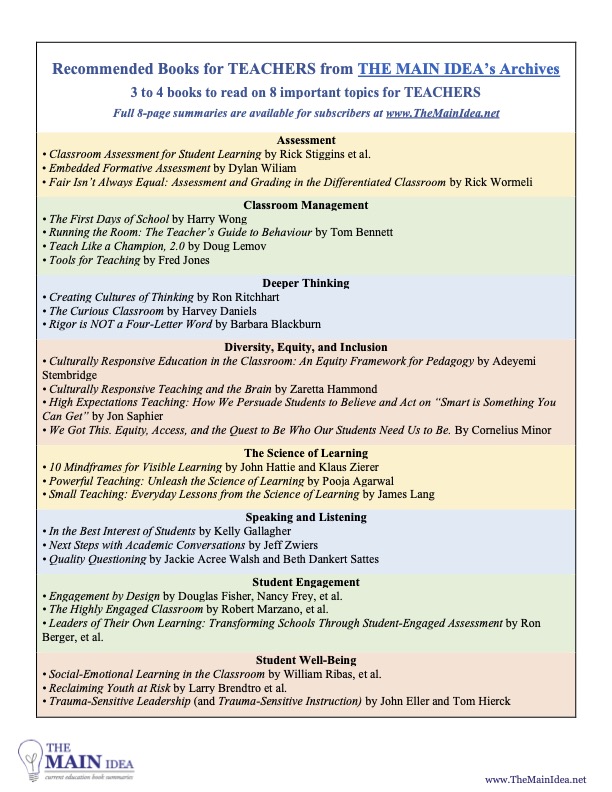 Recommend professional books for your teachers this summer! 3 to 4 books to read on 8 important topics for teachers.

Full 8-page summaries are available for subscribers at themainidea.net