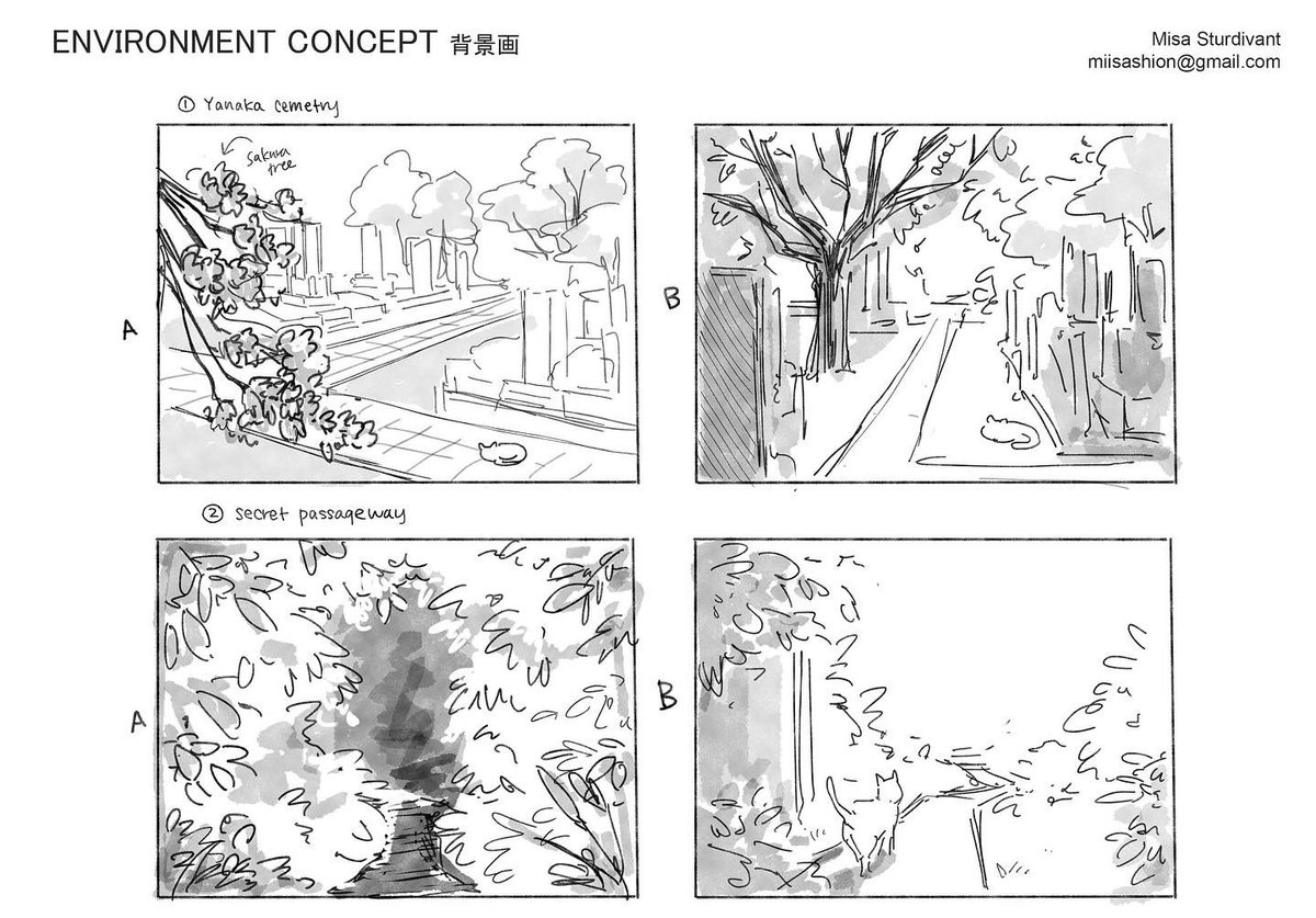 (5/5) environment concept art🌿🌸 Kone's home and Yanaka cemetery. perspective is a little off in some areas orz #ねこなら 