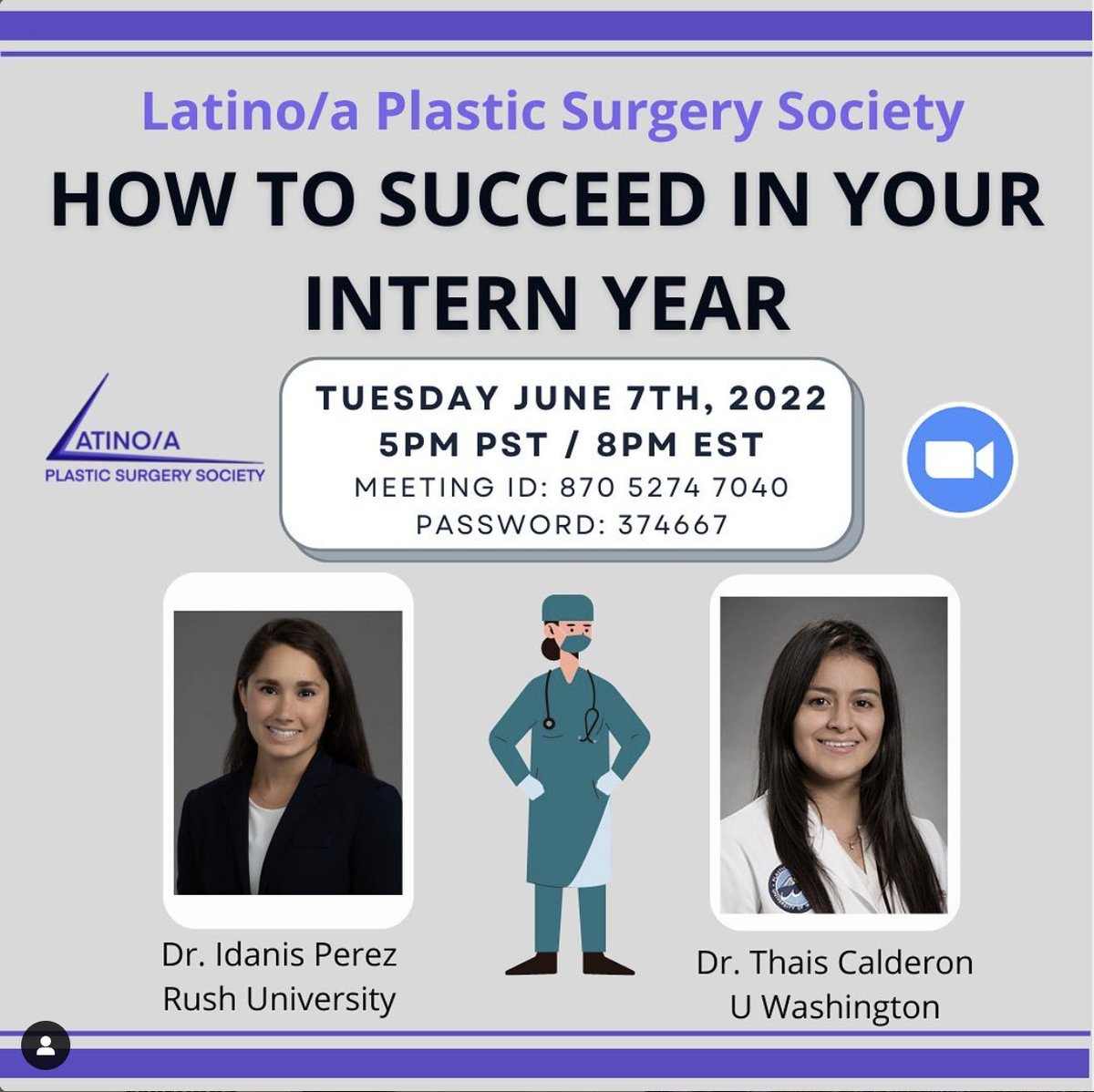INCOMING INTERNS:

Happening soon on Zoom!

The Latino/a Plastic Surgery Society will be hosting a panel with <a href="/idi_perez/">Idanis Perez-Alvarez M.D.</a> and <a href="/ThaisCalderon6/">Thais Calderon, M.D.</a> where they will share advice on how to succeed during your intern year. 

Don't miss this amazing event!