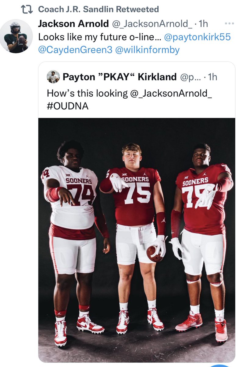 SoonerScript's tweet photo. I like SO MANY things in this ⬇️ #ItAllStartsUpFront #FutureOL #BOOMER @paytonkirk55 @wilkinformby @CaydenGreen3 @_JacksonArnold_ https://t.co/c64QOHFiGK