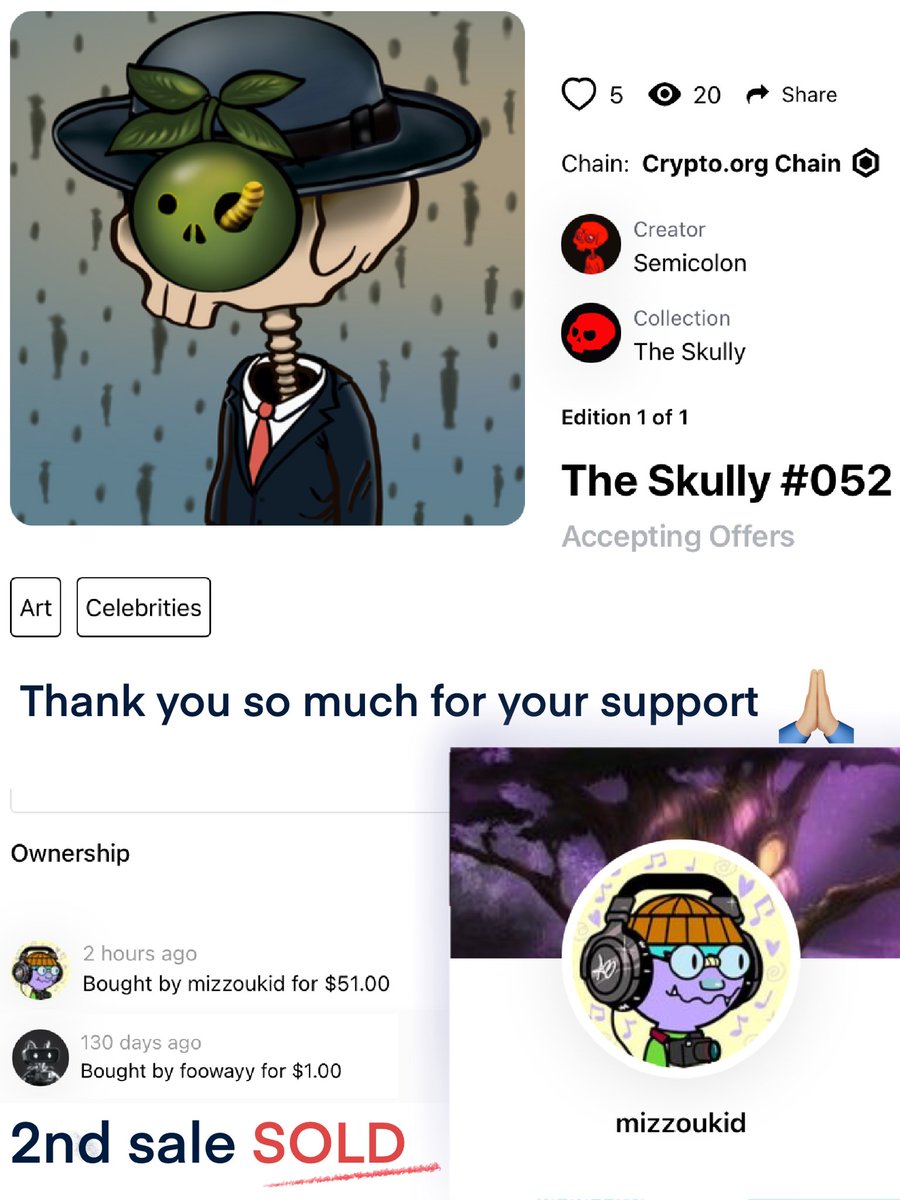 Semicolon_art's tweet photo. 👀 $51 2nd sale SOLD‼️

Congratulations🎉 @Foowayy 

🙌🏻  Thank you so much for your support and be a part of the skully family .🙏🏼💀@MizzouKid 

 #FFTB      #cro      #crofam       #CDC #Cryptocom #NFTCommumity #Cryptoart #cryptocomnft #theskully #cdcnft https://t.co/eQwiHEorvR