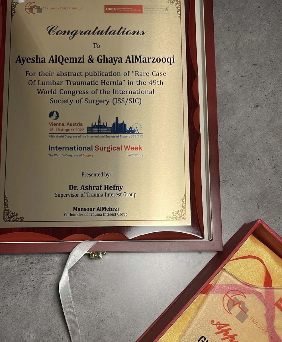 Congratulations to our members Ghaya AlMarzooqi &amp; Ayesha AlQemzi. For their abstract publication of “A Rare Case of Lumbar Traumatic Hernia” 49th World Congress of the International Society of Surgery (ISS/SIC) in Vienna, Austria.