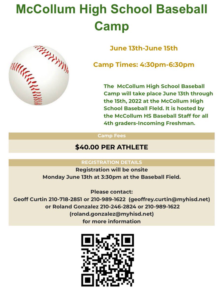 BaseballMC's tweet photo. It’s that time of the year again! The McCollum Baseball Program will be hosting a baseball camp for 4th-9th grade. Please see flyer for more information. #MCBaseball ⚾️⚾️⚾️ https://t.co/Wxnw5U7uiM