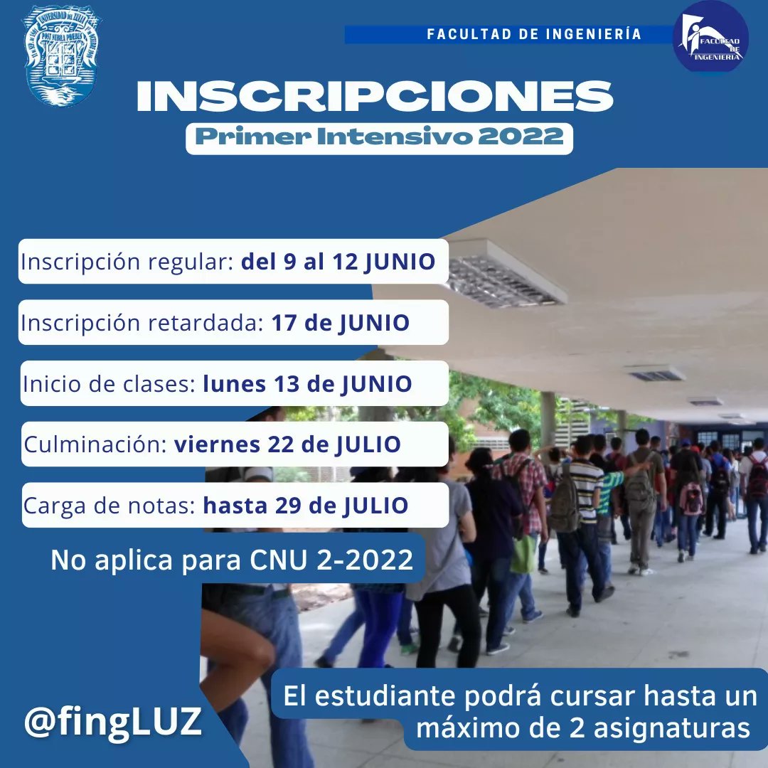 FingLUZ's tweet photo. 🔉¡Inscripciones! En la Facultad de Ingeniería 📝

Primer Intensivo 2022 📚

🗓️Inscripciones del 9 al 12 de junio
✔️Inicio de clases: lunes 13 de junio

✔️Información vía WhatsApp con el secretario docente de la escuela respectiva✔️

Nota:🔴 No aplica para CNU 2-2022 🔴 https://t.co/fwOtovGU5m