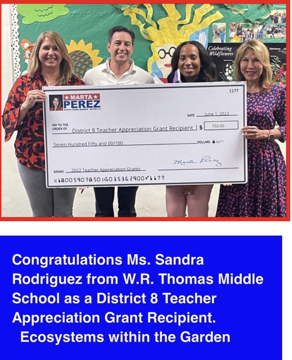 Congratulations to Ms. Sandra Rodriguez for winning the District 8 @martaperez456 Teacher Appreciation Grant for our Garden Restoration Project. Thank you @martaperez456 for your continuous support and dedication to our community. 🙌🏻🐯🌿⚡️ @mdcpssouth @miamischools @miamimagnets