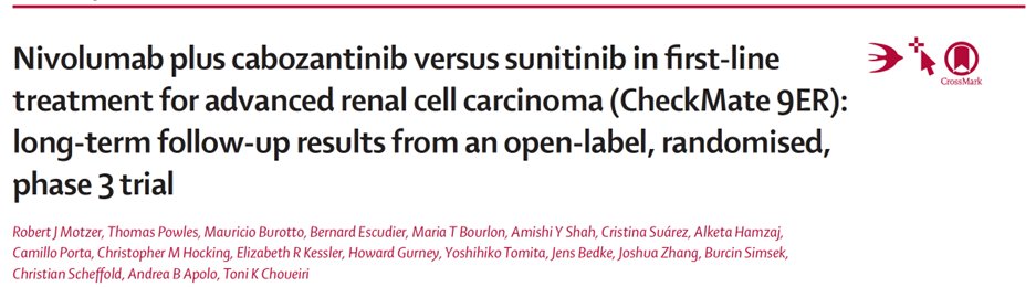 1/ CheckMate-9ER extended f/u (media f/u=32.9mo) results out in @TheLancetOncol: preplanned final OS analysis, updated PFS, OR & safety of Cabo/Nivo vs. Sun in 1L RCC. Also includes prespecified & post-hoc subgroup analyses. sciencedirect.com/science/articl… @OncoAlert @DanaFarber_GU