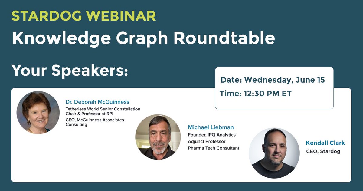 Deborah McGuinness (@dlmcguinness) on Twitter photo Looking forward to the Knowledge Graph Roundtable on June 15.  I will be a speaker along with Kendall Clark from <a href="/StardogHQ/">Stardog</a>  and Michael N. Liebman from @IPQanalytics  (and co-organized by Ingrid Ramos Nakamura.   info.stardog.com/webinar/knowle… to register  #twcrpi <a href="/RPIScience/">RPI Science</a> <a href="/csatrpi/">rpics</a> Looking forward to the Knowledge Graph Roundtable on June 15.  I will be a speaker along with Kendall Clark from <a href="/StardogHQ/">Stardog</a>  and Michael N. Liebman from @IPQanalytics  (and co-organized by Ingrid Ramos Nakamura.   info.stardog.com/webinar/knowle… to register  #twcrpi <a href="/RPIScience/">RPI Science</a> <a href="/csatrpi/">rpics</a>