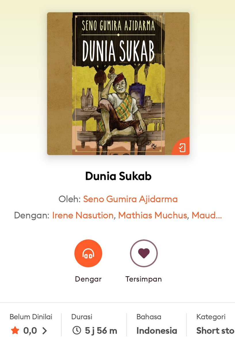 akumakanbuku's tweet photo. Lagi baca apa kalian? Aku lagi dengerin Dunia Sukab karya Seno GA. Lihat blurbnya, sangat menggoda untuk dibaca atau didengar! Btw @StorytelID makin kesini makin sering collab sama banyak artis. Ada @mathiasmuchus dan @maudykoesnaedi yang juga ikut menjadi penutur Dunia Sukab. https://t.co/UIh3ryTw2f