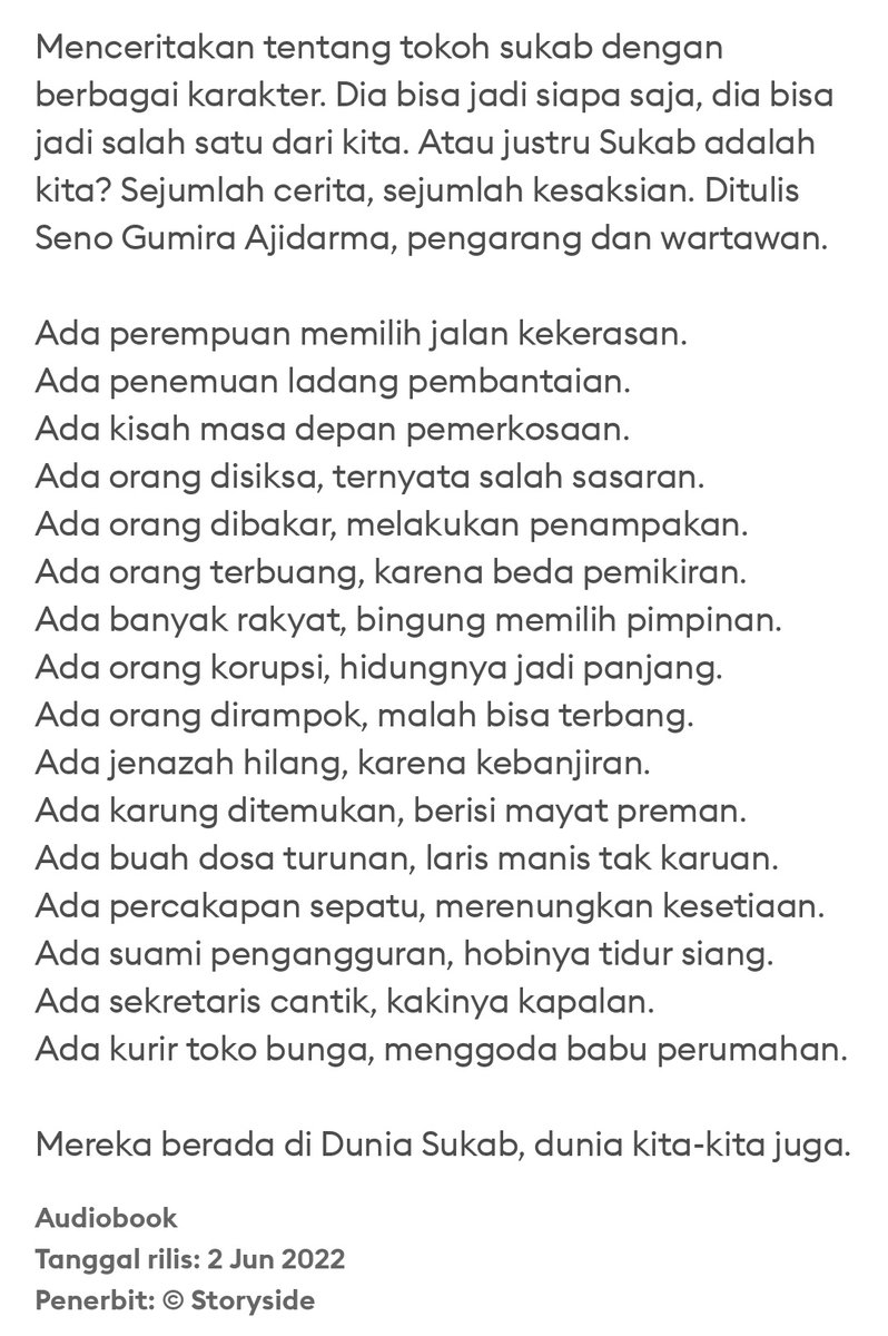akumakanbuku's tweet photo. Lagi baca apa kalian? Aku lagi dengerin Dunia Sukab karya Seno GA. Lihat blurbnya, sangat menggoda untuk dibaca atau didengar! Btw @StorytelID makin kesini makin sering collab sama banyak artis. Ada @mathiasmuchus dan @maudykoesnaedi yang juga ikut menjadi penutur Dunia Sukab. https://t.co/UIh3ryTw2f