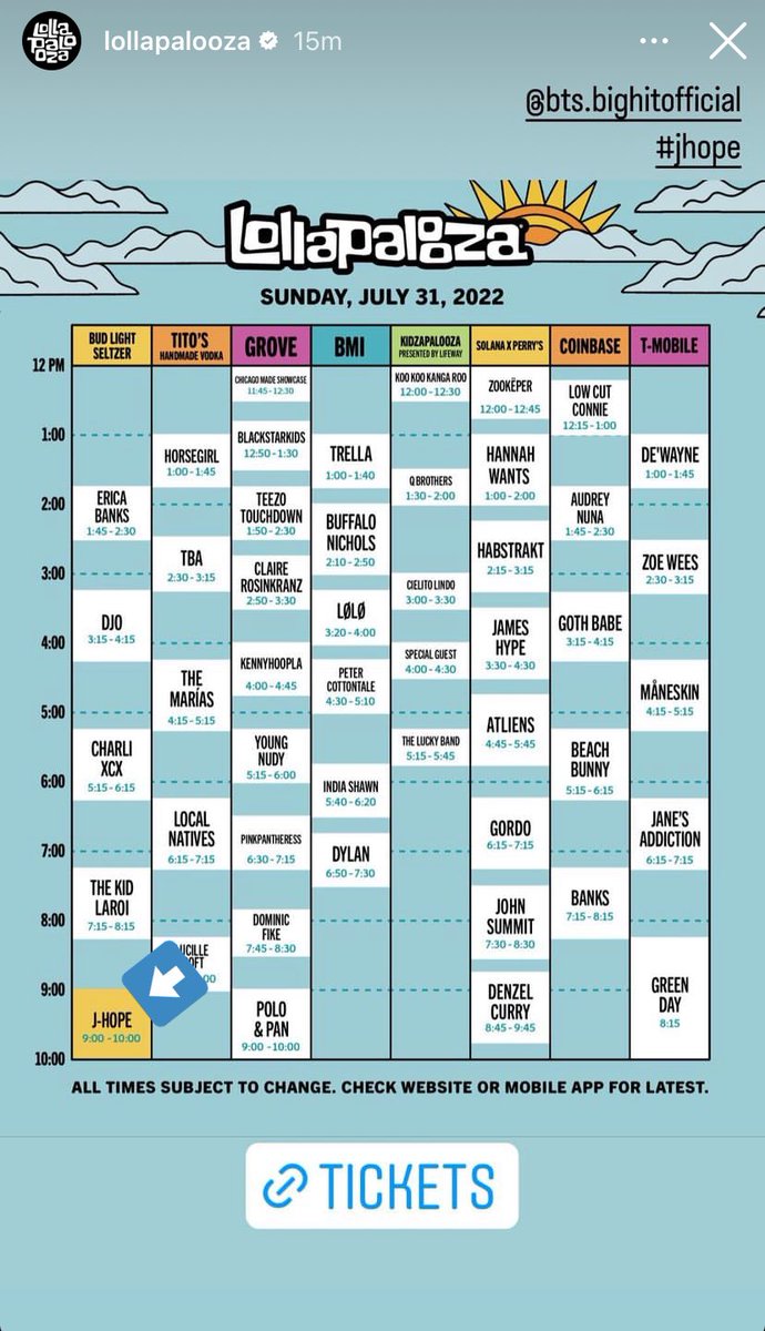 btsbaragi_jk's tweet photo. From Lollapalooza IG 
J-Hope will be performing from 9-10 pm on July 31st (Sunday) https://t.co/4540fPqM4Y
