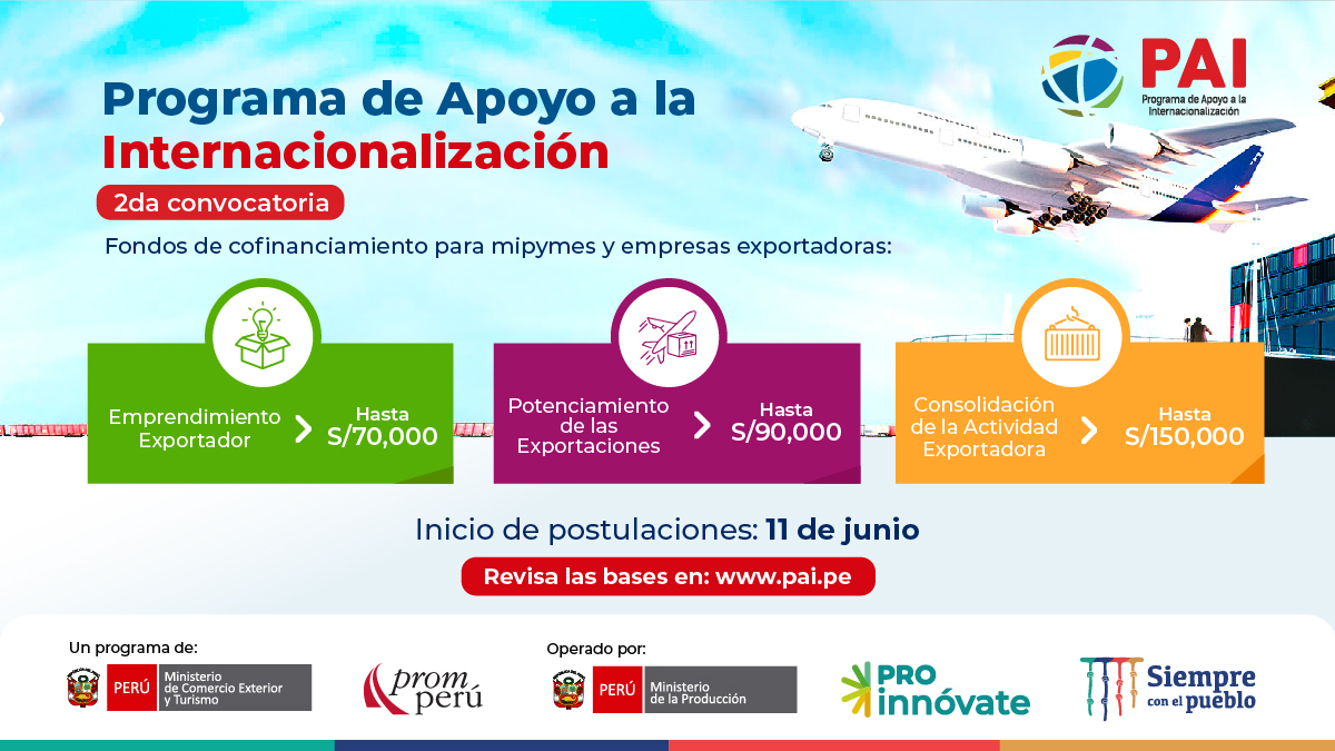 📣 ¡Inicia o acelera las exportaciones de tu mipyme!
El #PAI otorga un cofinanciamiento para la internacionalización de empresas de todos los rubros y sectores.

#MAÑANA conéctate a nuestro webinar informativo: 👉bit.ly/WebinarPAI8JUN