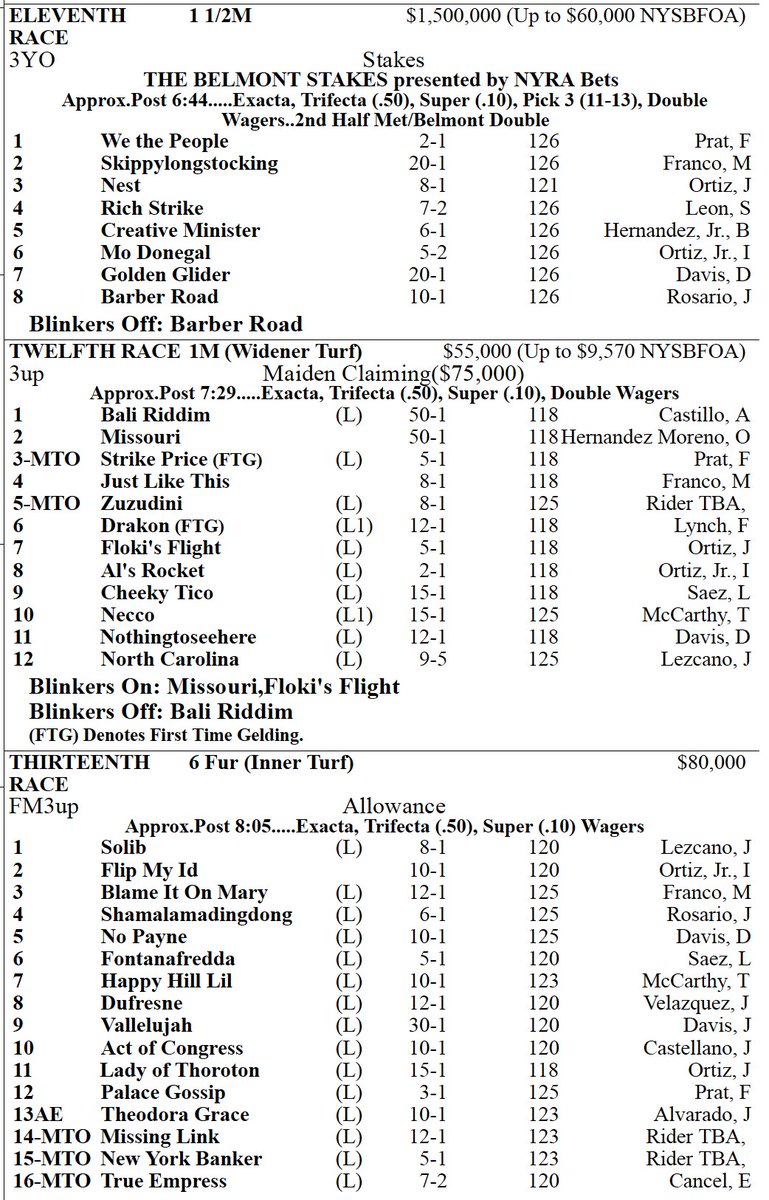 HorseToWatch's tweet photo. Here are the ML odds for Saturday's entire @BelmontStakes day card. https://t.co/P3GrI9QeB6