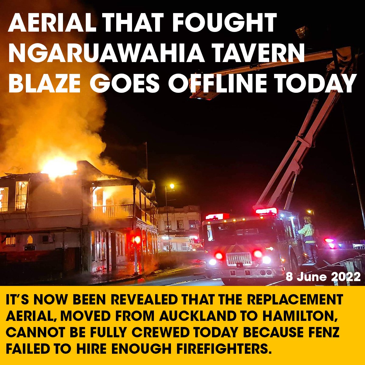 NZPFU's tweet photo. 🛑 REVEALED | The life saving aerial 🚒 moved from Auckland to Hamilton cannot be fully crewed today because @FireEmergencyNZ failed to hire enough firefighters. Where's @jantinetti? #FireCrisis https://t.co/b2MKXvSDz6